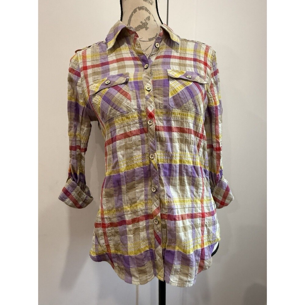 Anthropologie Postmark Button Shirt Casual Plaid L/S Purple Size 2 Roll Up